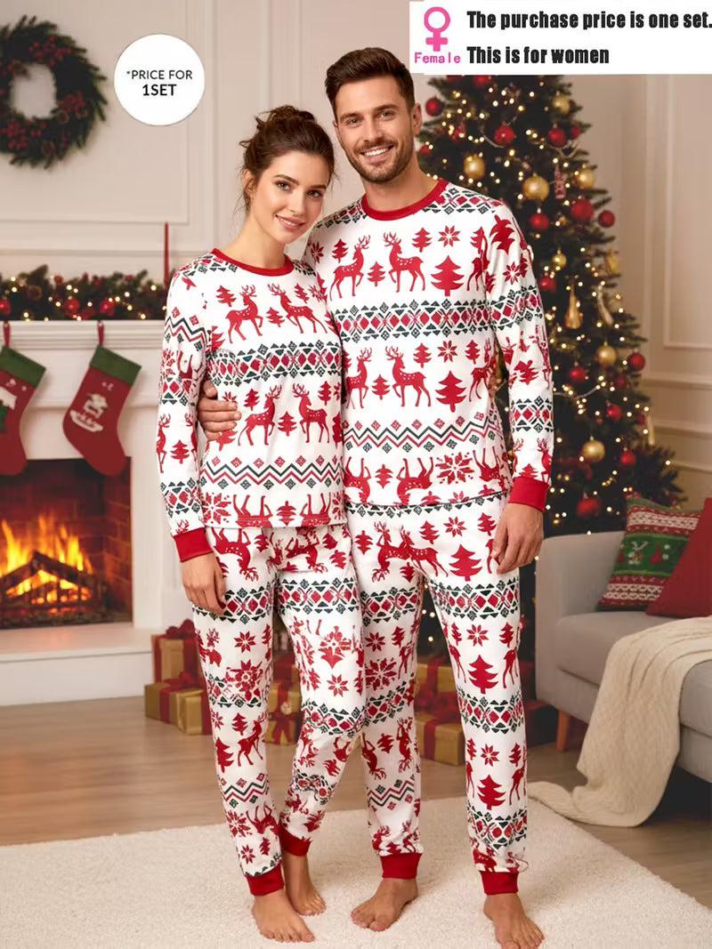Men’s Women’s Reindeer Print Christmas Pajama Set - Matching Long Sleeve Lounge Wear