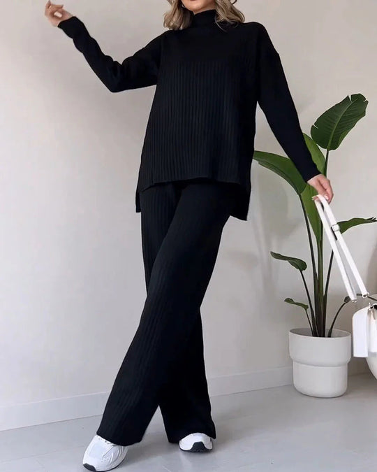 Women’s Ribbed Lounge Set - Long Sleeve Wide Leg Trousers