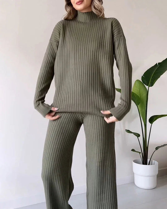 Women’s Ribbed Lounge Set - Long Sleeve Wide Leg Trousers