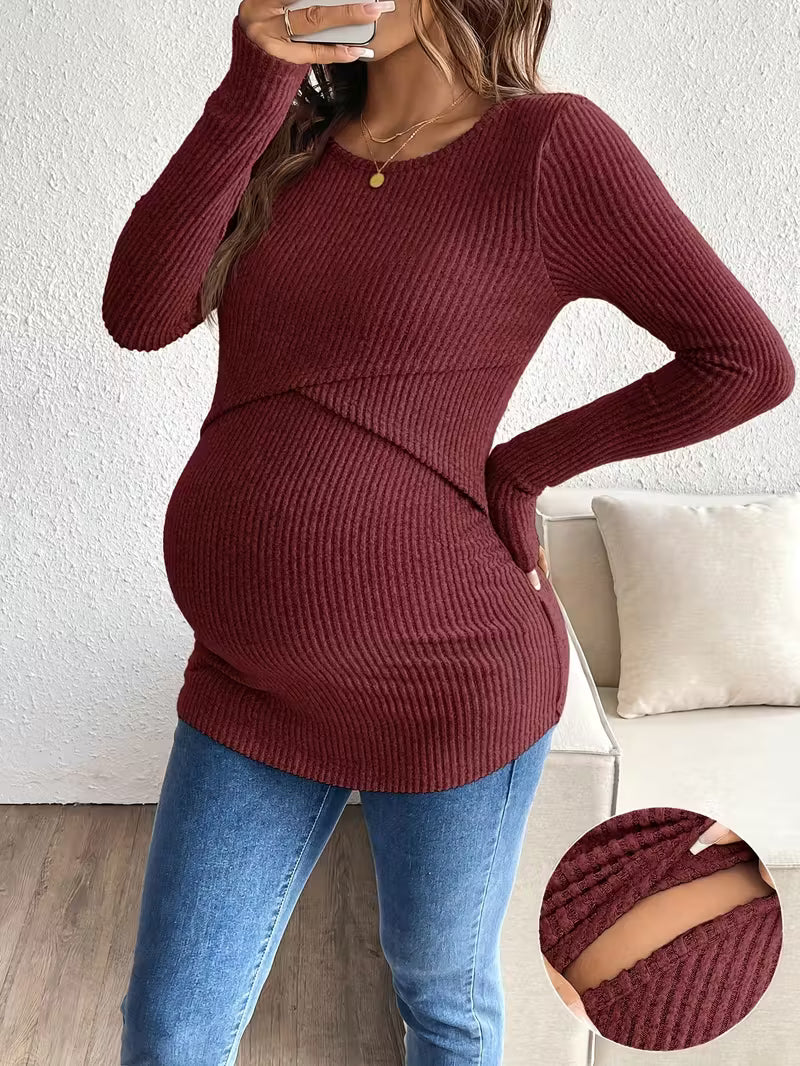 Women’s Maternity Knit Pullover - Soft Ribbed Long Sleeve Nursing Sweater