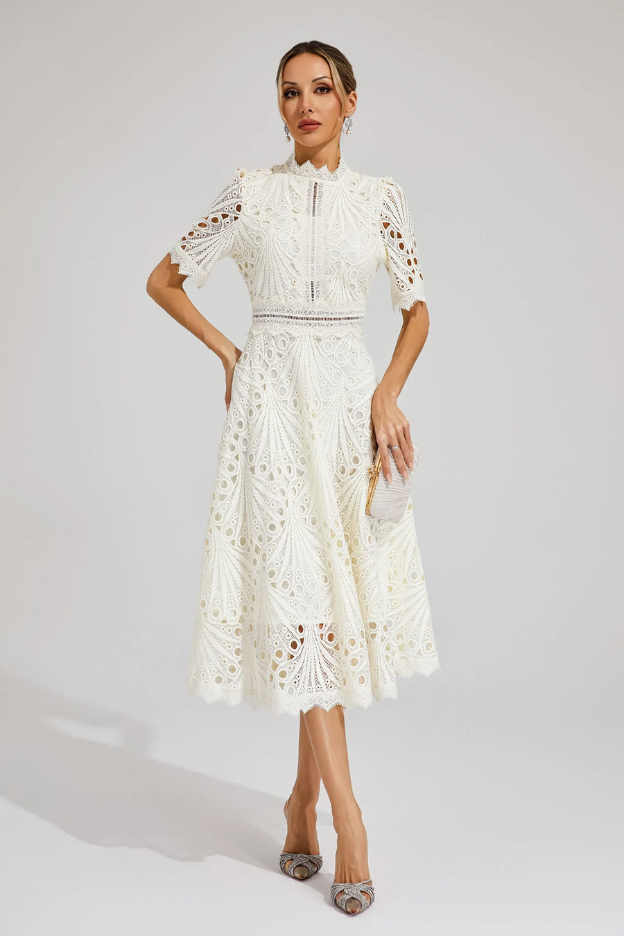 Freya - Embroidered Midi Dress with High Neck