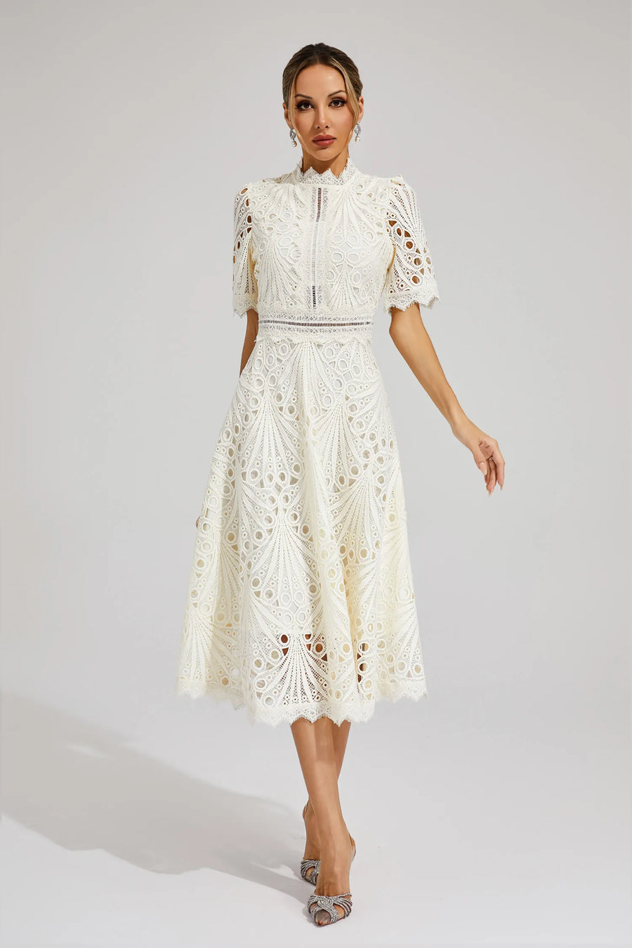 Freya - Embroidered Midi Dress with High Neck