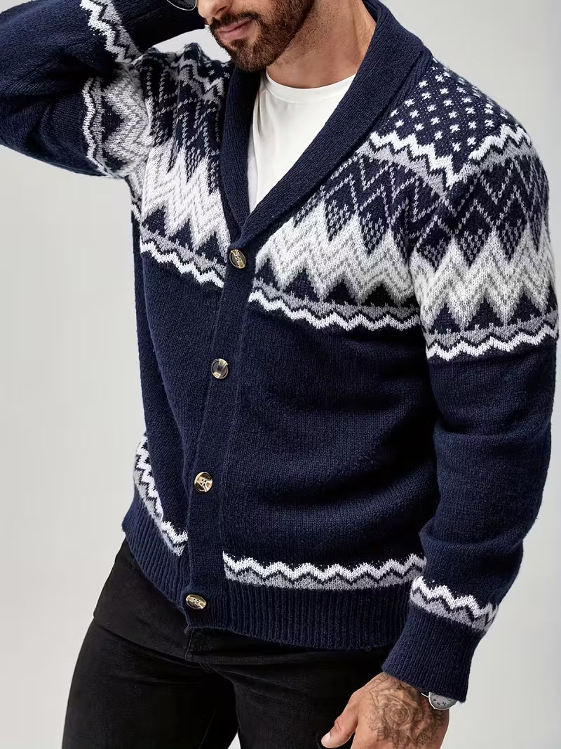 Men’s Nordic Knit Button Cardigan - Shawl Collar Winter Sweater