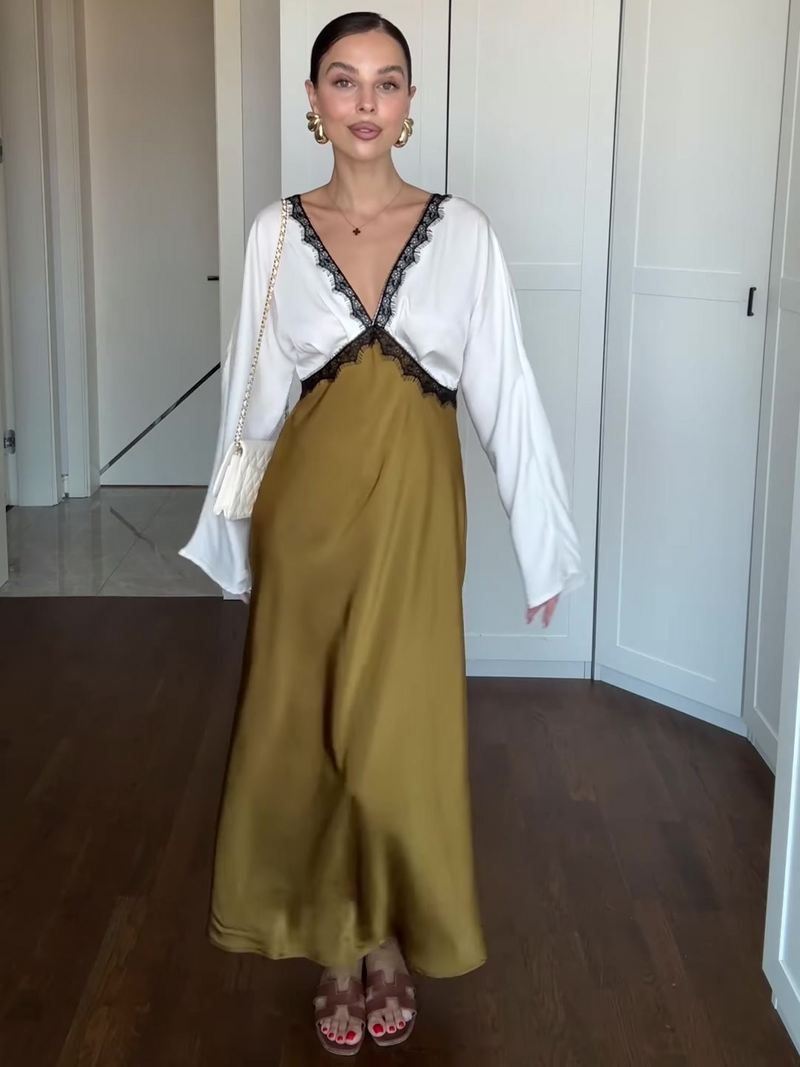 Women’s Lace Detail Cocktail Midi Dress – Deep V-Neck Evening Silhouette