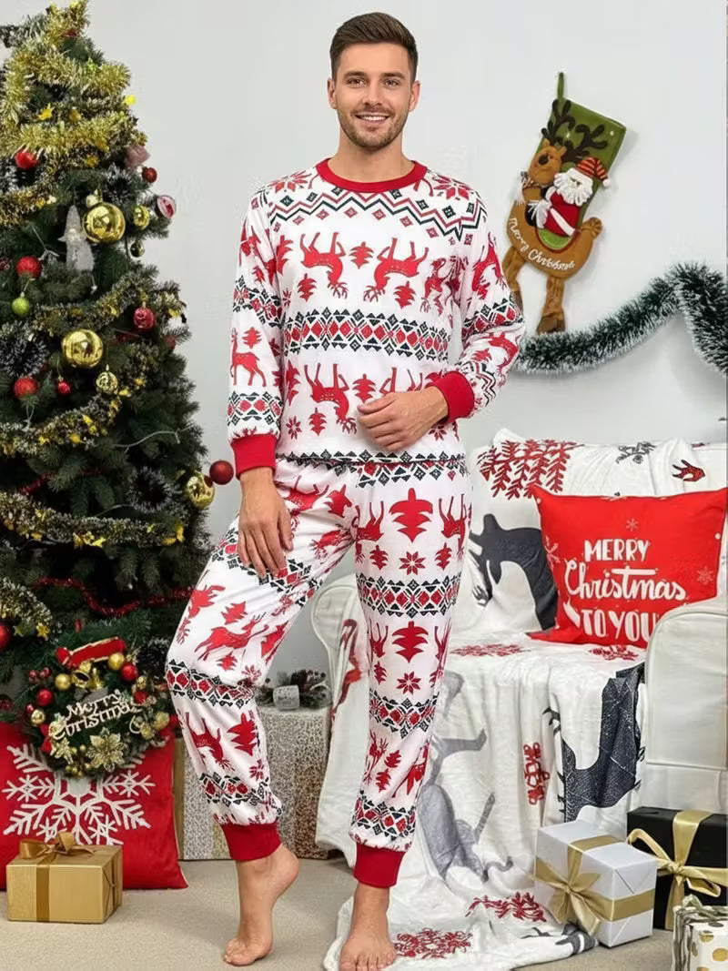 Men’s Women’s Reindeer Print Christmas Pajama Set - Matching Long Sleeve Lounge Wear