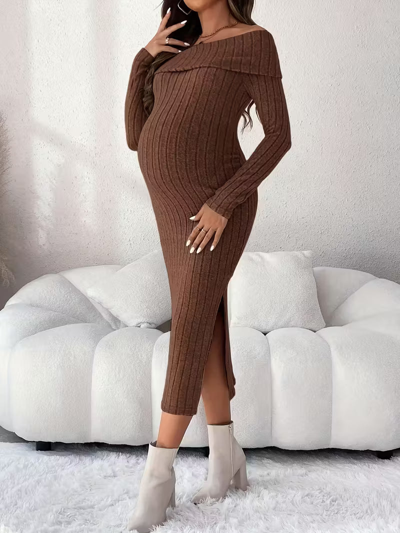 Women’s Maternity Off-Shoulder Ribbed Knit Dress - Long Sleeve Bodycon Midi