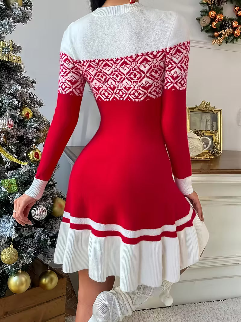 Women’s Festive Knit Flare Dress - Long Sleeve Holiday Fit-and-Flare