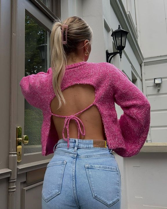 Women's Open Back Sweater – Tie Detail Cut-Out Design
