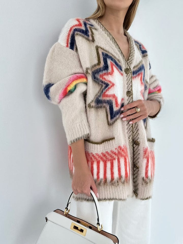 Women’s Boho Patterned Knit Cardigan - Button-Down Sweater