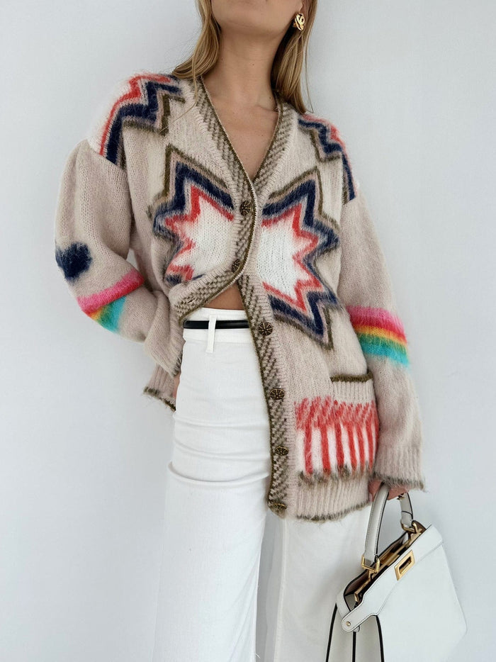 Women’s Boho Patterned Knit Cardigan - Button-Down Sweater