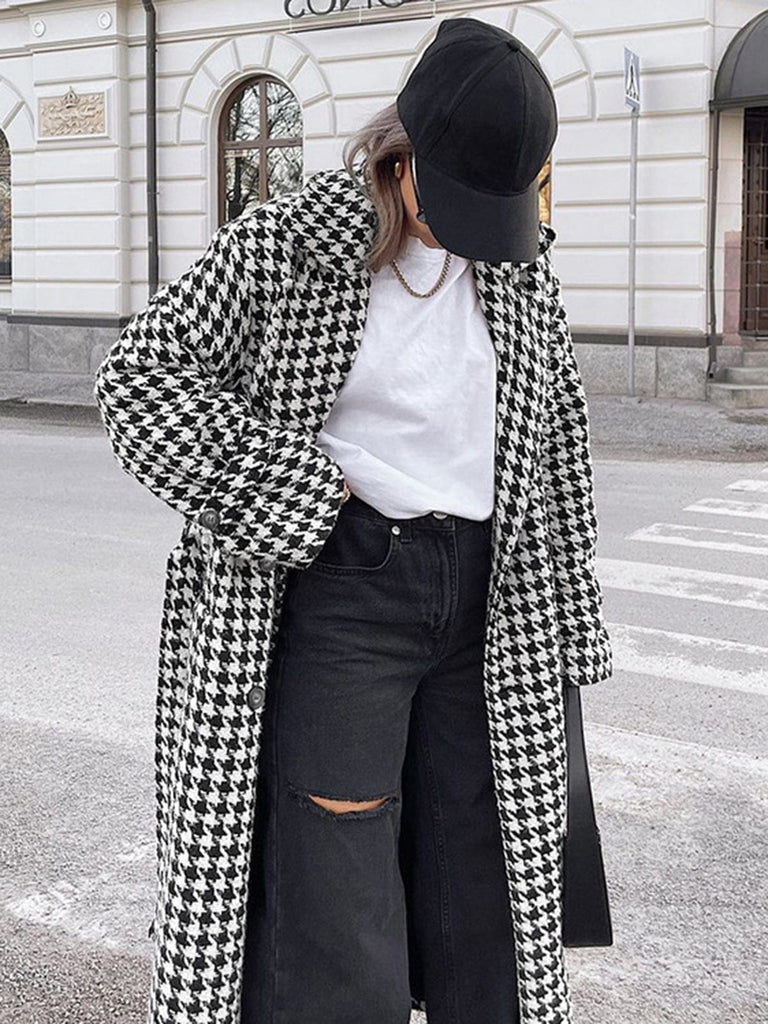 Women’s Houndstooth Long Coat - Elegant Oversized Winter Outerwear