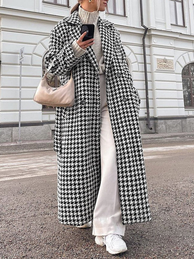 Women’s Houndstooth Long Coat - Elegant Oversized Winter Outerwear