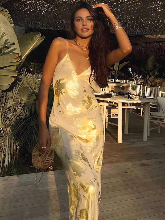 Renée - Metallic Print Slip Maxi Dress