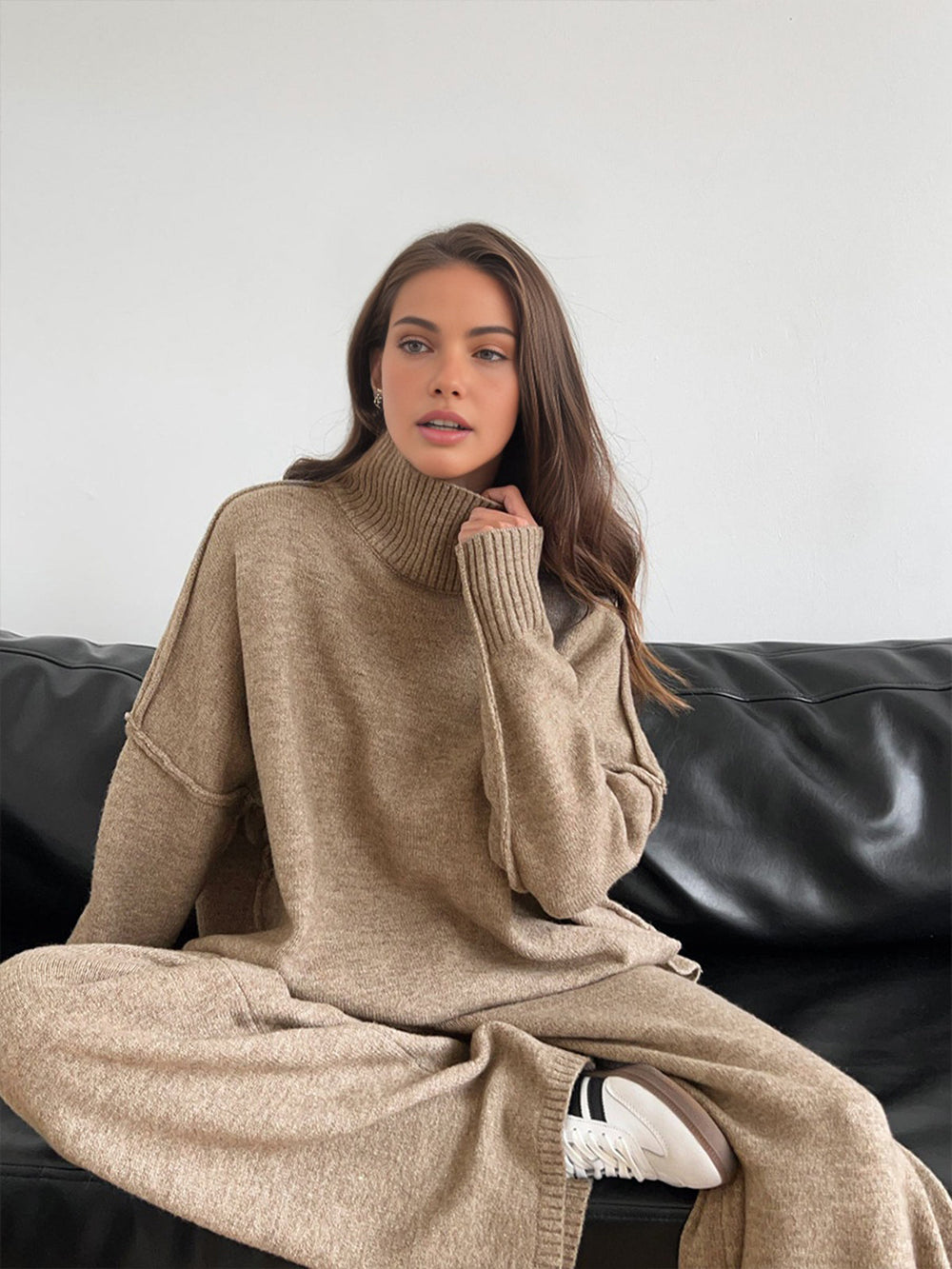Women’s Luxe Relaxed Knit Lounge Set - Oversized High-Neck Top Wide-Leg Trousers