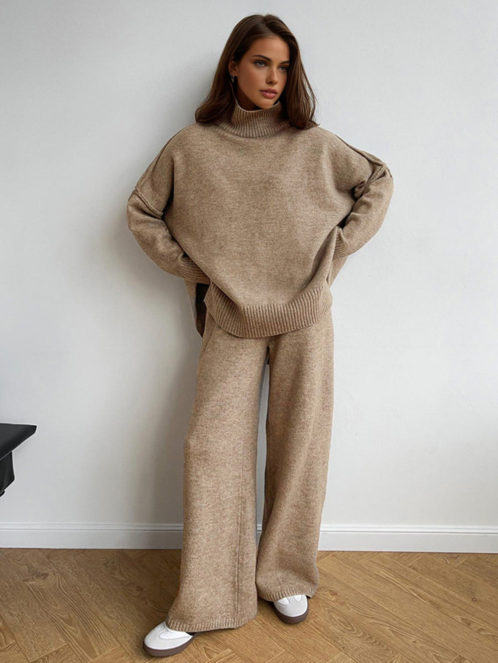 Women’s Luxe Relaxed Knit Lounge Set - Oversized High-Neck Top Wide-Leg Trousers