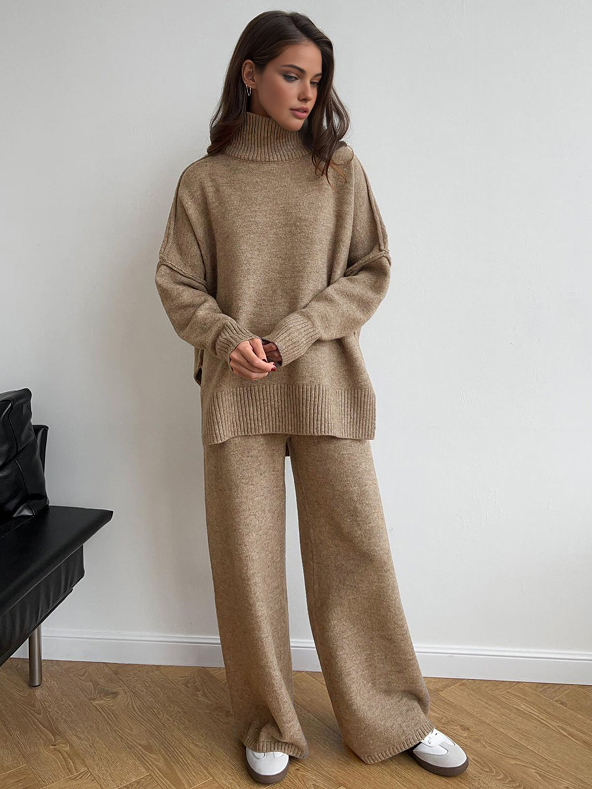 Women’s Luxe Relaxed Knit Lounge Set - Oversized High-Neck Top Wide-Leg Trousers