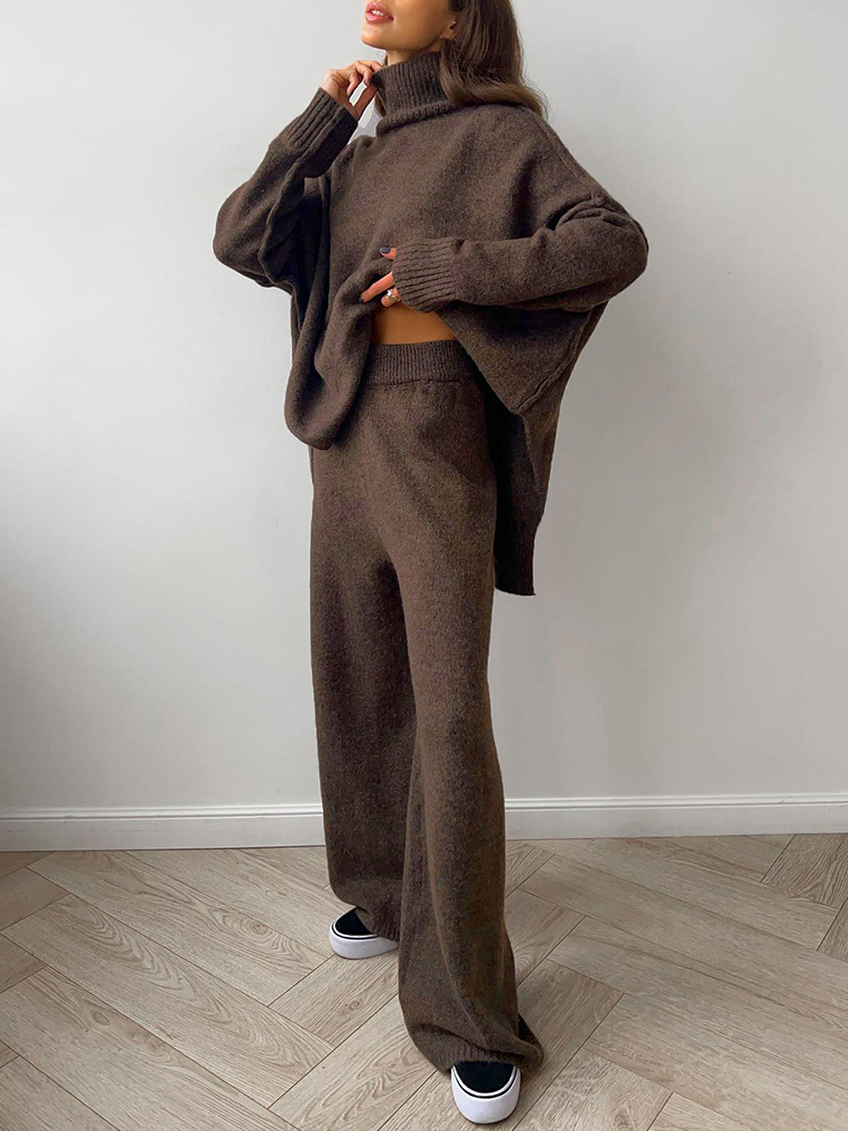 Women’s Luxe Relaxed Knit Lounge Set - Oversized High-Neck Top Wide-Leg Trousers