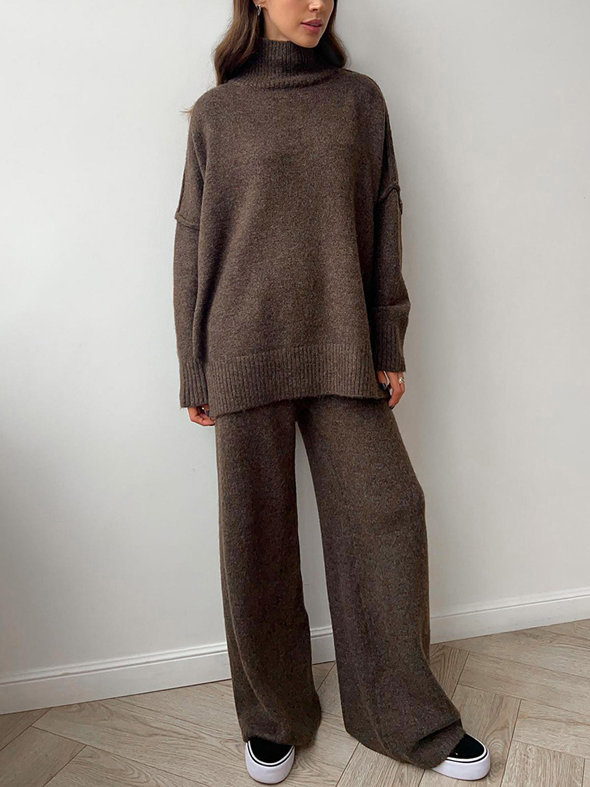 Women’s Luxe Relaxed Knit Lounge Set - Oversized High-Neck Top Wide-Leg Trousers