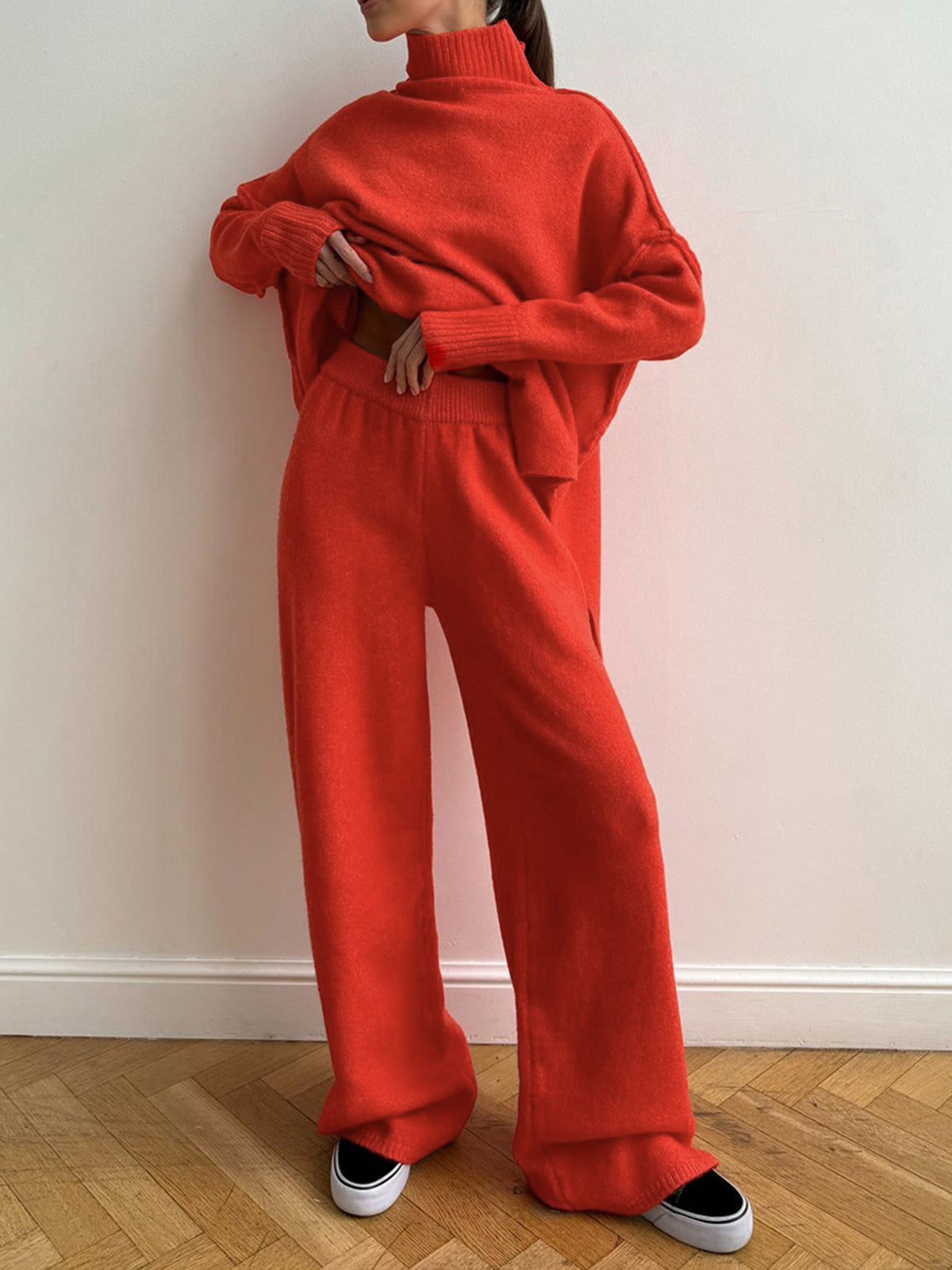 Women’s Luxe Relaxed Knit Lounge Set - Oversized High-Neck Top Wide-Leg Trousers