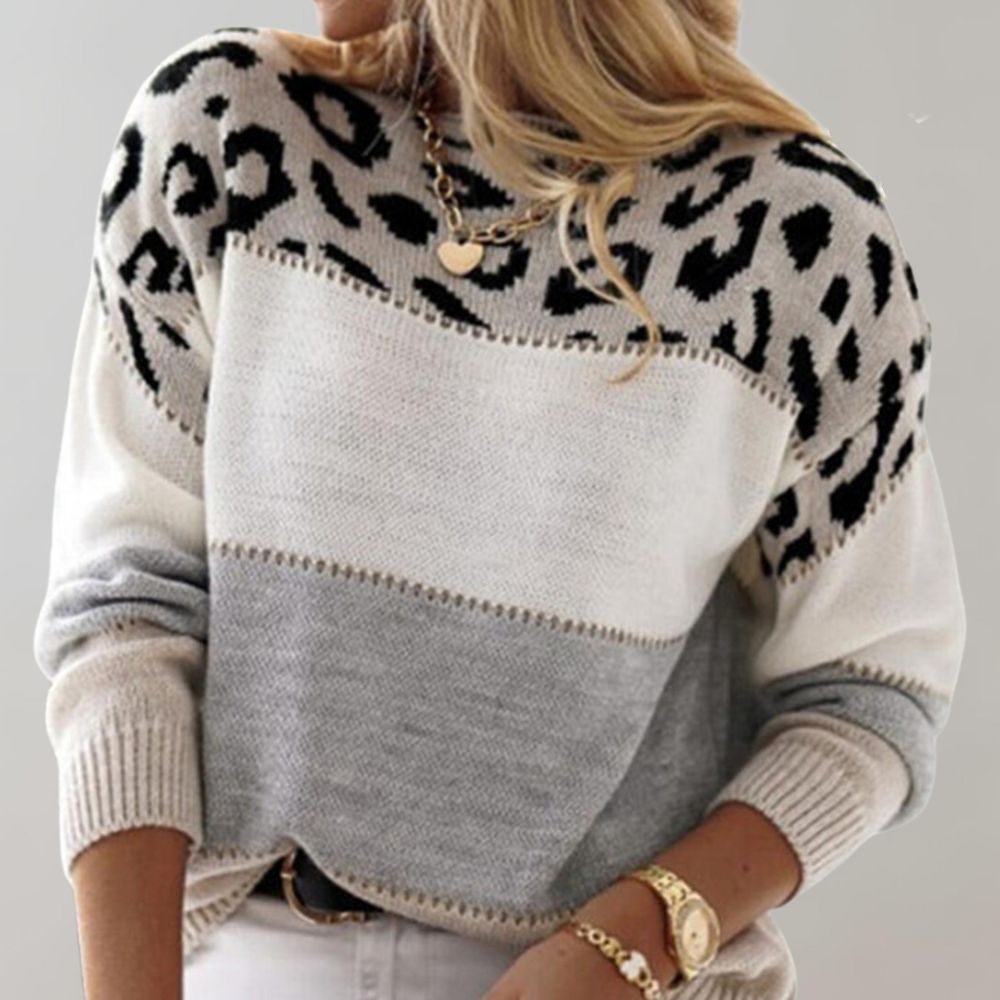 Women’s Chic Leopard Colorblock Sweater - Trendy Knitted Pullover