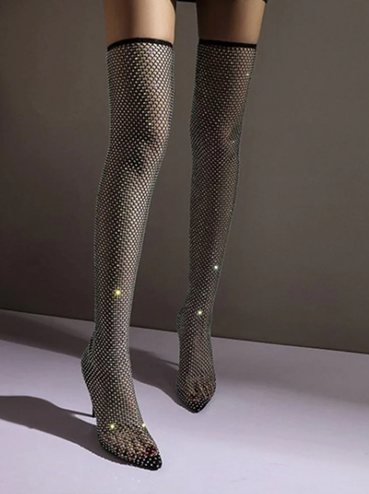 Women’s Rhinestone Thigh-High Stiletto Boots - Pointed Toe Over-the-Knee