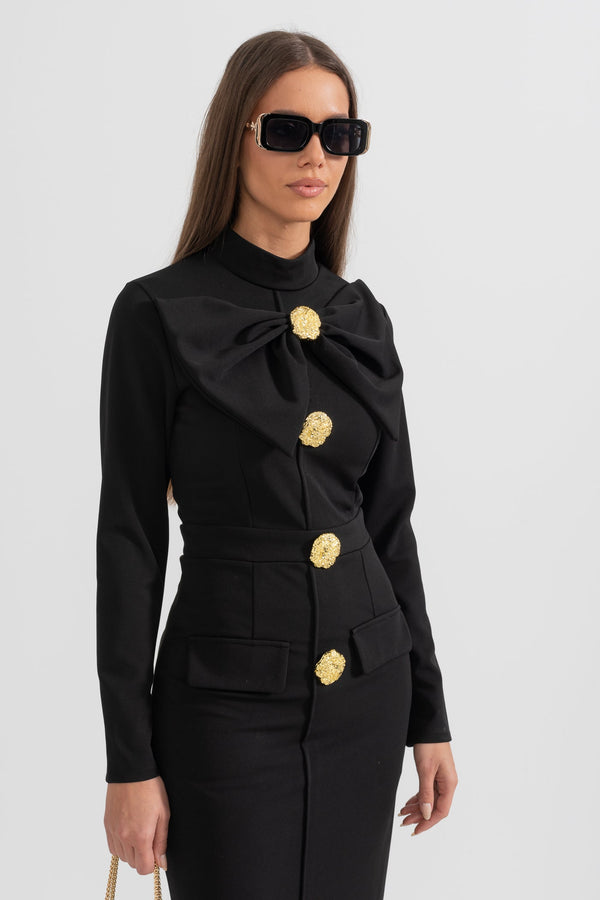 Women’s Long Sleeve Midi Dress - Bow Detail