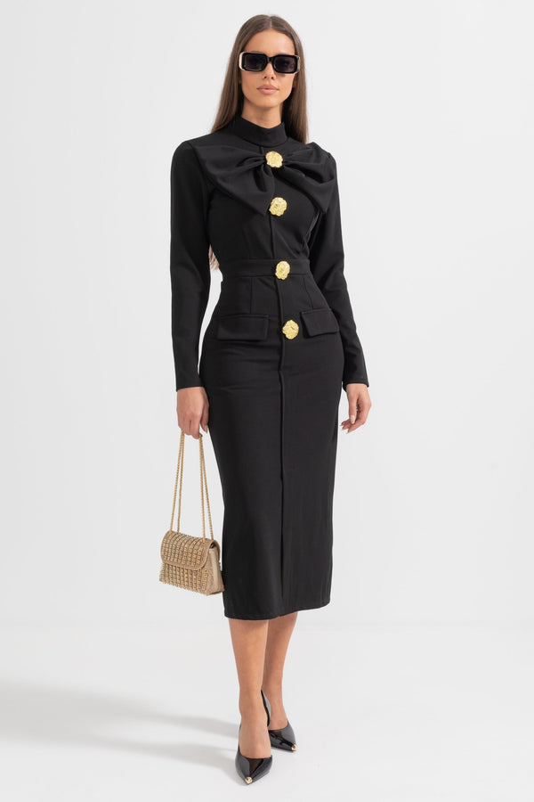 Women’s Long Sleeve Midi Dress - Bow Detail