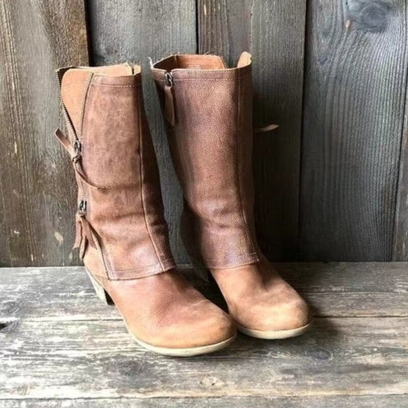 Women’s Mid-Calf Cowgirl Boots – Side Zipper & Stacked Heel