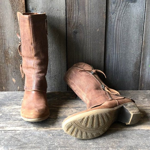 Women’s Mid-Calf Cowgirl Boots – Side Zipper & Stacked Heel