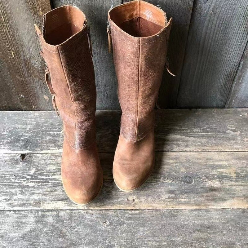 Women’s Mid-Calf Cowgirl Boots – Side Zipper & Stacked Heel