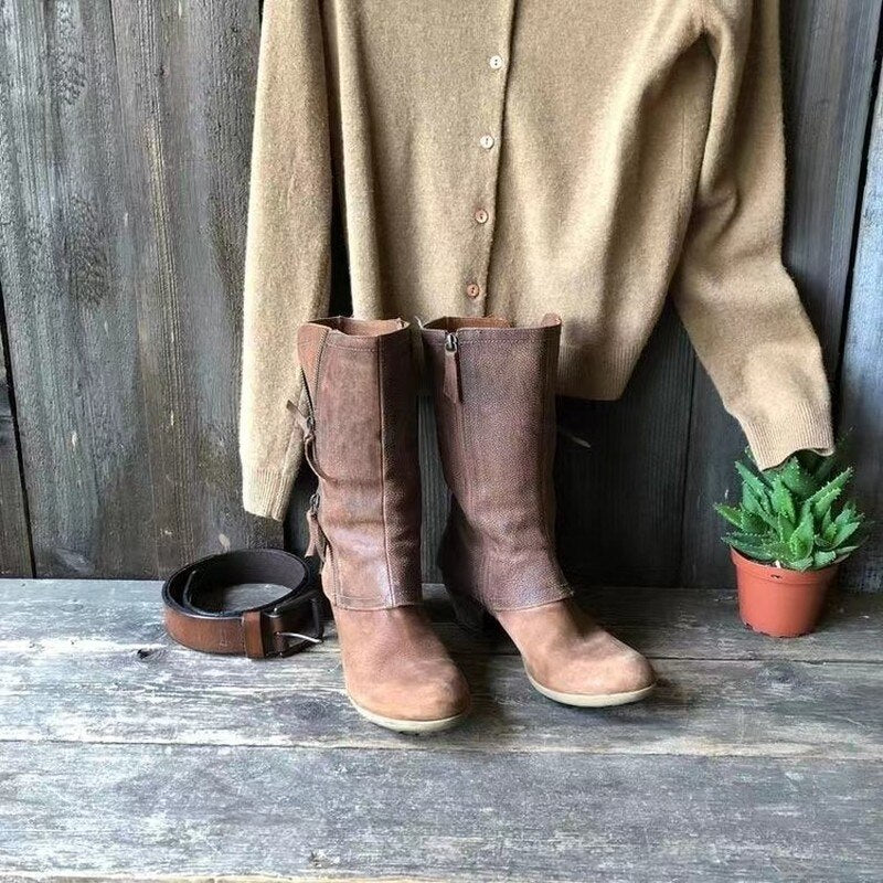 Women’s Mid-Calf Cowgirl Boots – Side Zipper & Stacked Heel