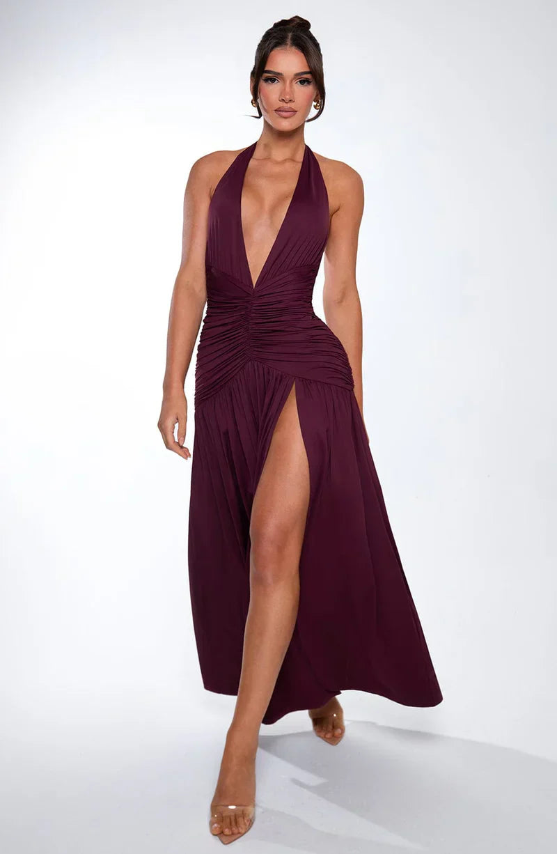 Elysia - Backless Halter Sparkle Maxi Dress