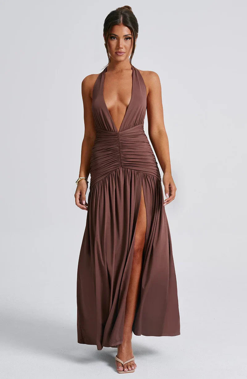 Elysia - Backless Halter Sparkle Maxi Dress