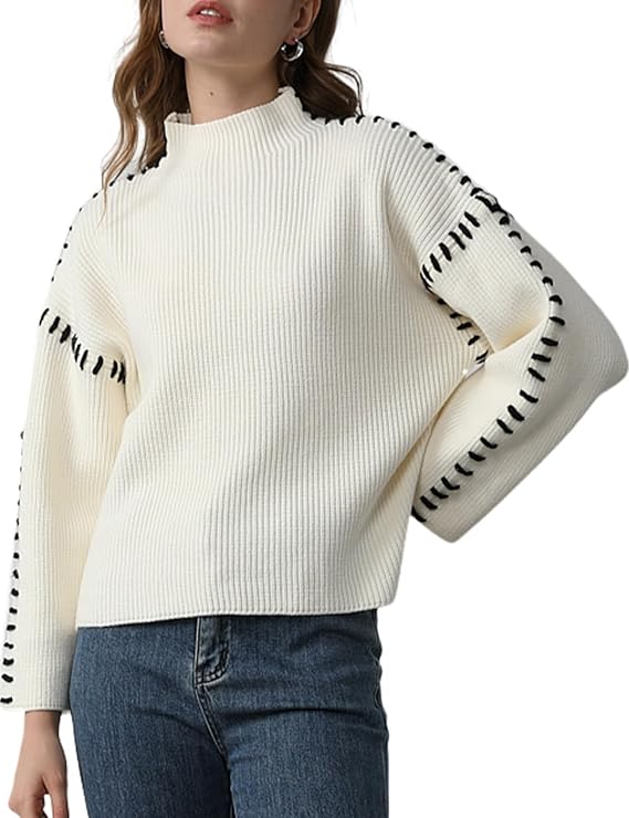 Women’s Whipstitch Knit Sweater – Contrast Stitch Oversized Pullover