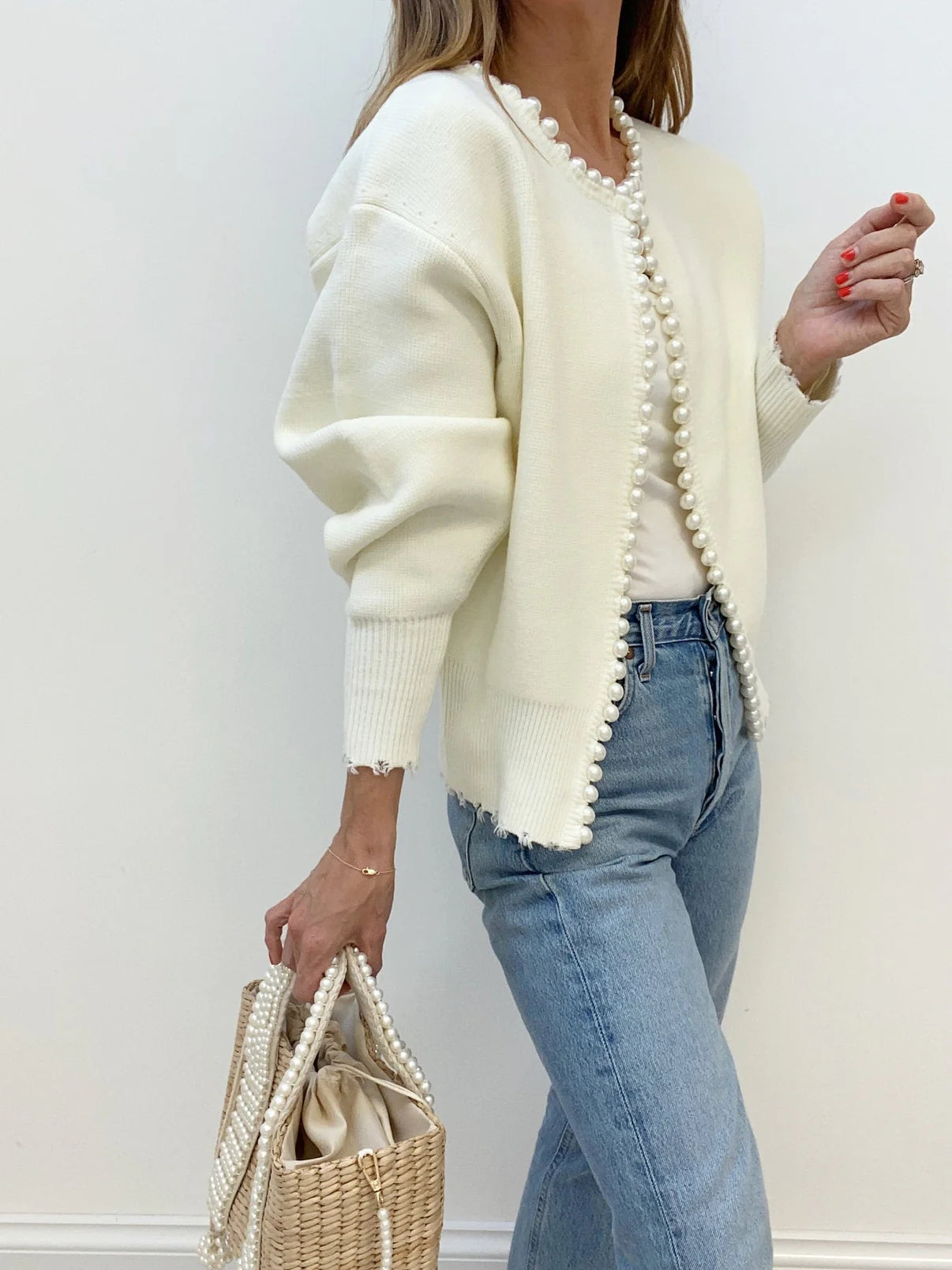 Women's Knit Cardigan - Long Sleeve Pearl Trim Open Front