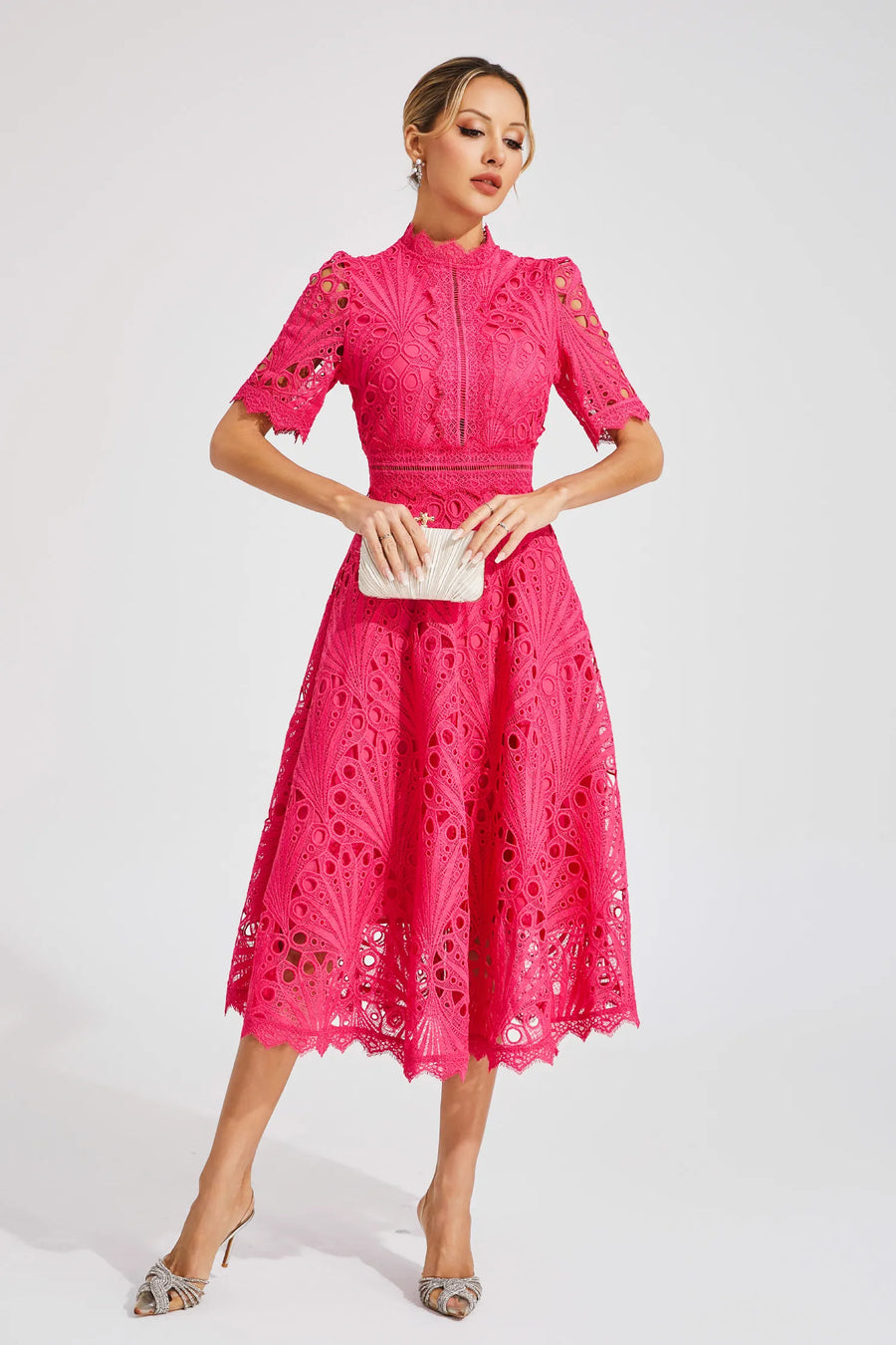 Freya - Embroidered Midi Dress with High Neck