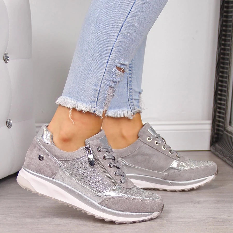Women’s Rhinestone Zip-Up Platform Sneakers - Lace-Up Trainers