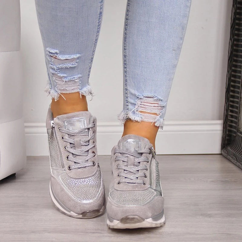 Women’s Rhinestone Zip-Up Platform Sneakers - Lace-Up Trainers