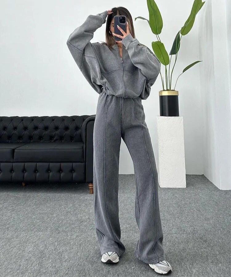Women’s Oversized Zip-Up Lounge Set - Relaxed Two-Piece Tracksuit