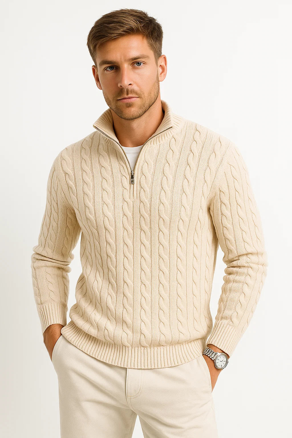 Nate Men’s Spring Zip-Neck Cable Knit Sweater