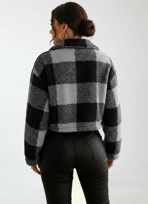 Women’s Checkered Zip Jacket - Cropped Casual Outerwear