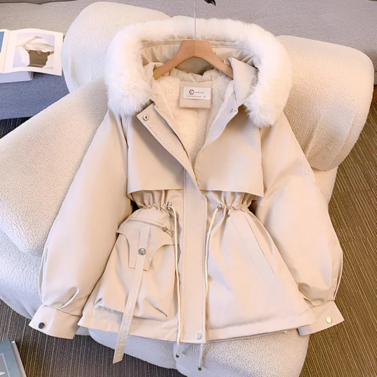Women’s Elegant Hooded Winter Jacket - Drawstring Waist Faux Fur Trim