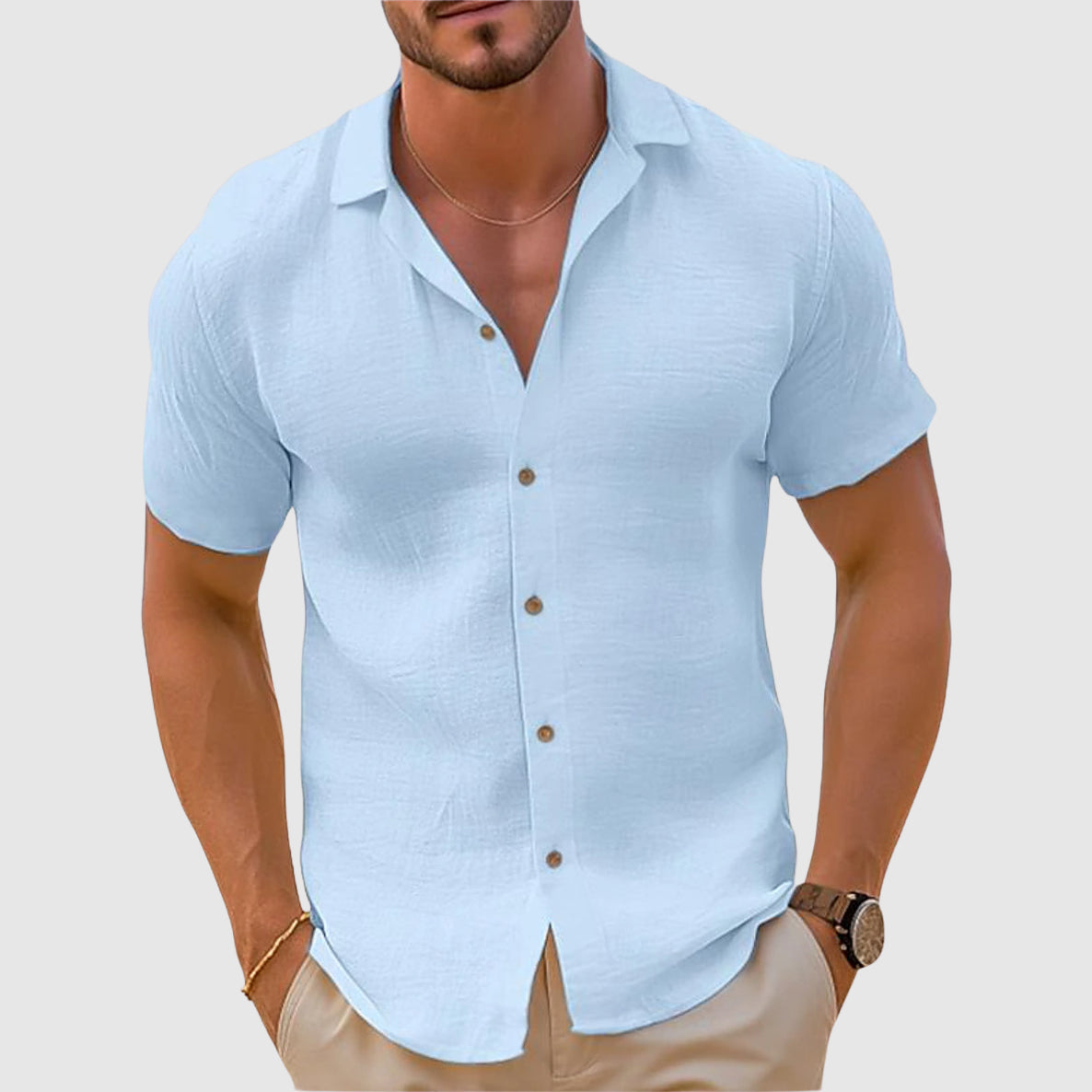 Men’s Spring Linen Short-Sleeve Button-Front Shirt