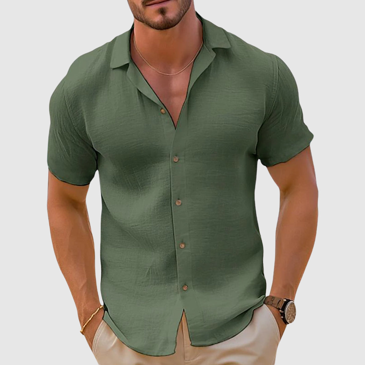 Men’s Spring Linen Short-Sleeve Button-Front Shirt