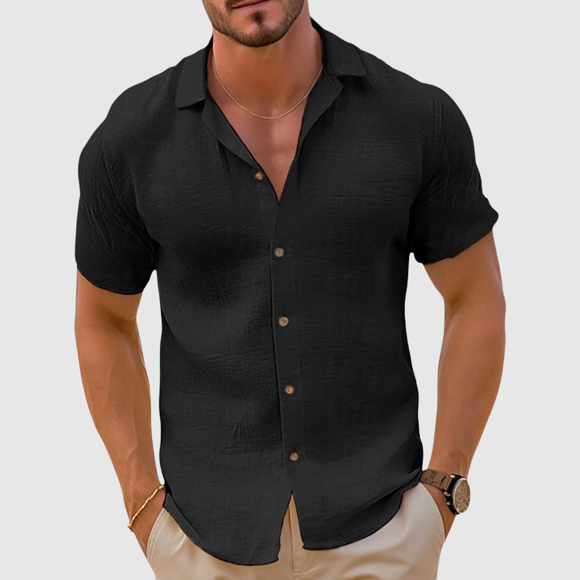 Men’s Spring Linen Short-Sleeve Button-Front Shirt