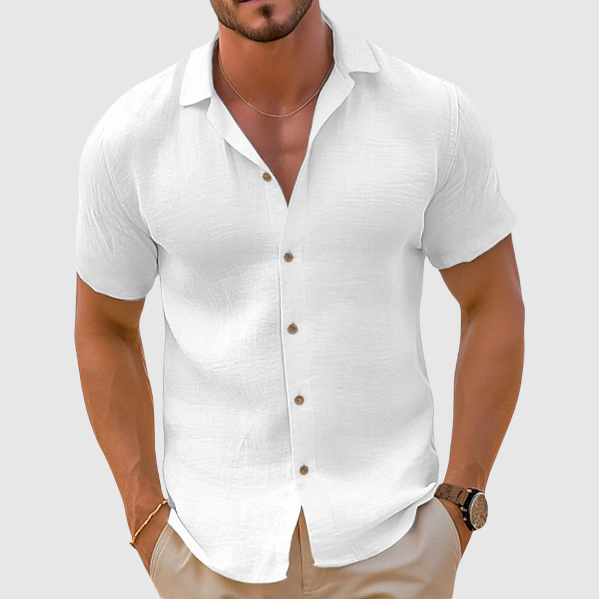 Men’s Spring Linen Short-Sleeve Button-Front Shirt