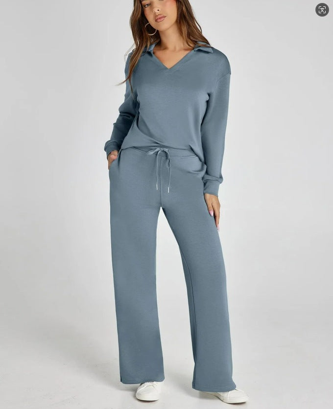 Women’s Lounge Set - Collared V-Neck Sweatshirt Wide Leg Drawstring Trousers