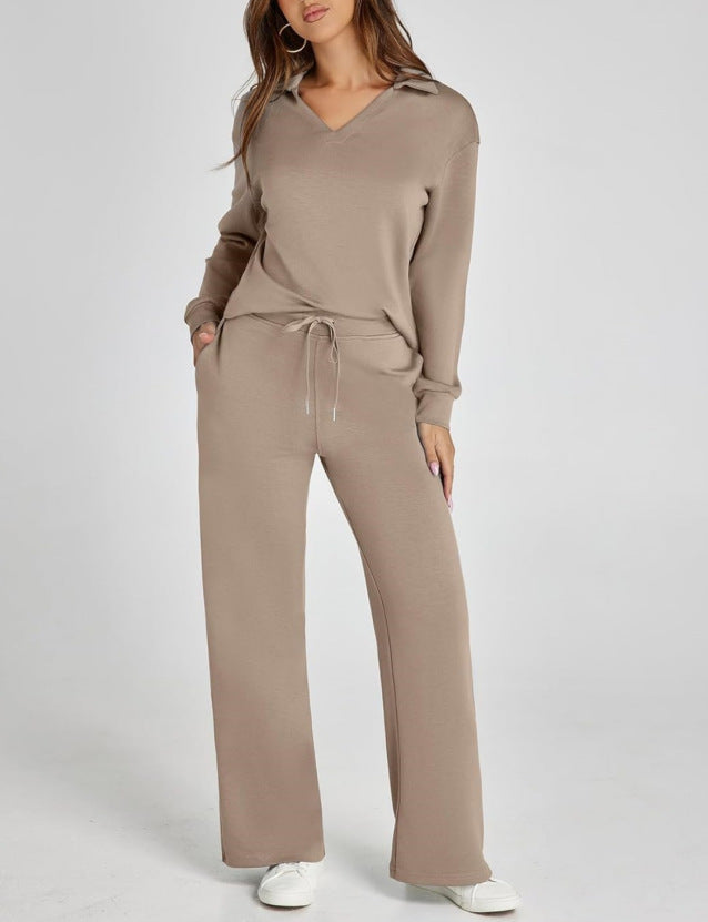 Women’s Lounge Set - Collared V-Neck Sweatshirt Wide Leg Drawstring Trousers