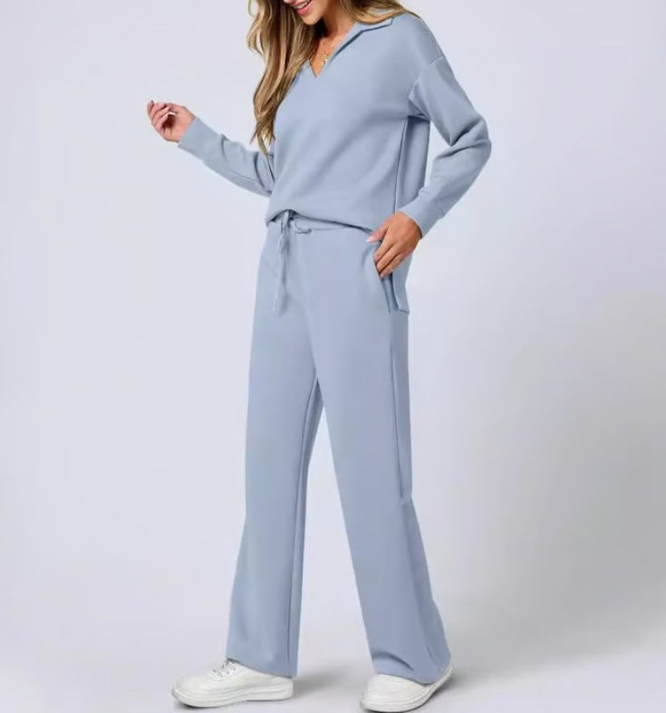 Women’s Lounge Set - Collared V-Neck Sweatshirt Wide Leg Drawstring Trousers