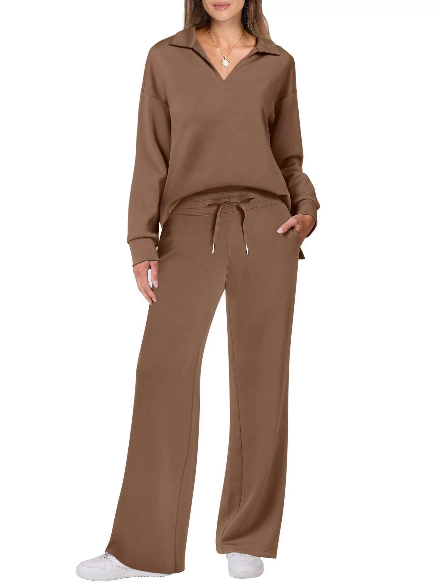 Women’s Lounge Set - Collared V-Neck Sweatshirt Wide Leg Drawstring Trousers